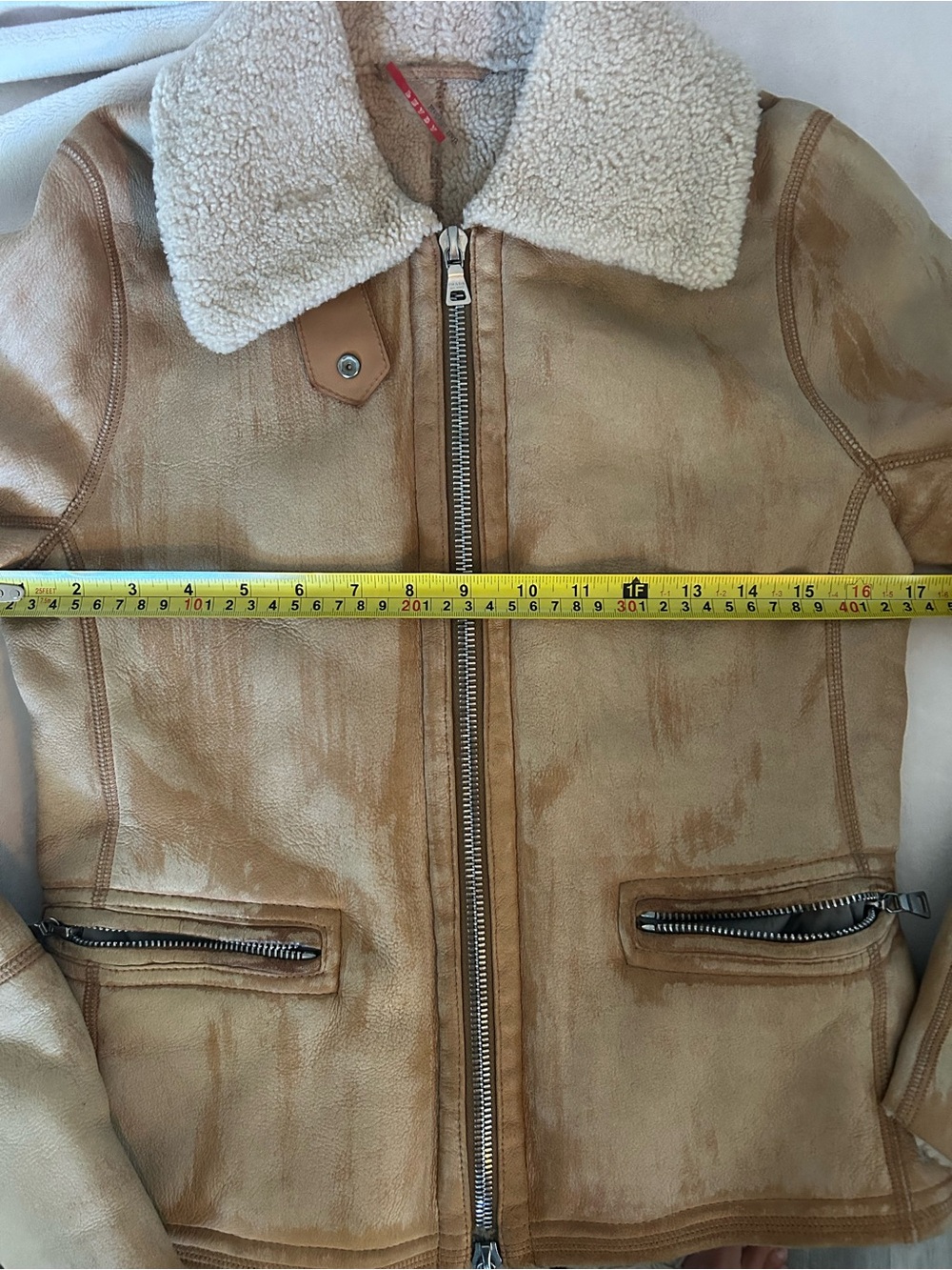 Authentic Prada Tan Shearling-Lined Jacket with Red Logo Tab - Picture 16 of 16